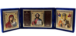 Ikona v samete zlatá Nikolaj a Kazanská 12x40 cm skladacia 3 (modrá)