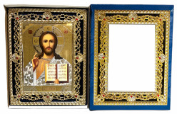 Ikona drevená Spasitel 15x18cm v modrém puzdre