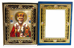 Ikona drevená Nikolaj 15×18 cm v modrom puzdre.