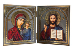 Ikona drevená dvojitá 12×20 cm Kazanská a Spasiteľ (spasi a sochrani)