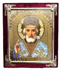 Ikona v samete 15×18 cm Nikolaj (červený)