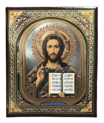 Ikona drevená Spasiteľ 10×12 cm v puzdre (strieborné pozadie)