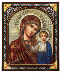 Ikona drevená Kazanská 15×18 cm v puzdre (červeno-zlaté šaty)
