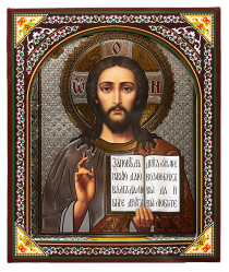 Ikona drevená Spasiteľ 15×18 cm v puzdre (strieborné pozadie)