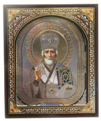 Ikona drevená Nikolaj 10×12 cm v puzdre (strieborné pozadie)