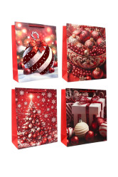 Darčeková taška „Stromček, vianočné gule, darček“ červená 26×32 cm