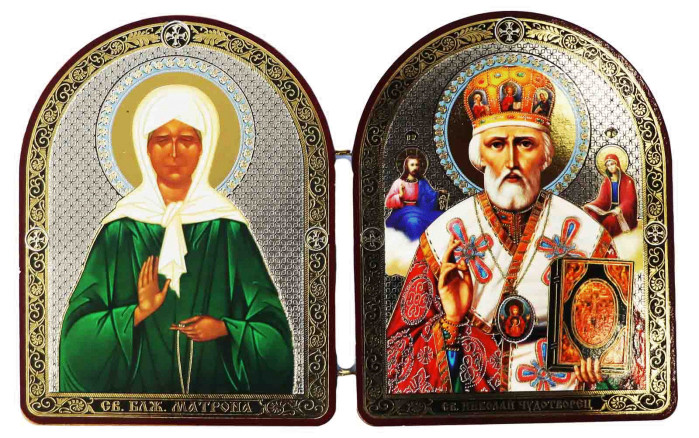 detail Ikona Matrona a Mikuláš 12x18 cm drevená dvojitá