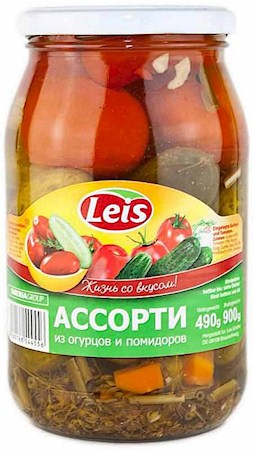 detail Assorti okurky a rajčata Leis 450g