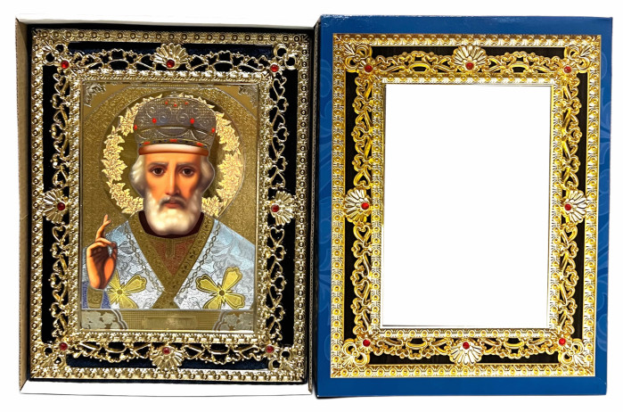 detail Ikona drevená Nikolaj 15×18 cm v modrom puzdre.