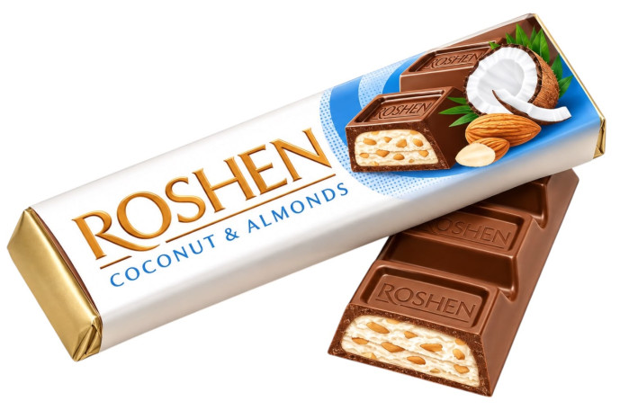 detail Mliečna čokoláda s kúskami mandlí a kokosovou náplňou 38g Roshen