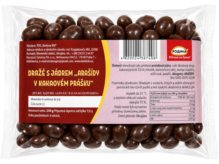 detail Dražé s jadrom „Arašidy v kakaovom prášku“ 250g Rodyna