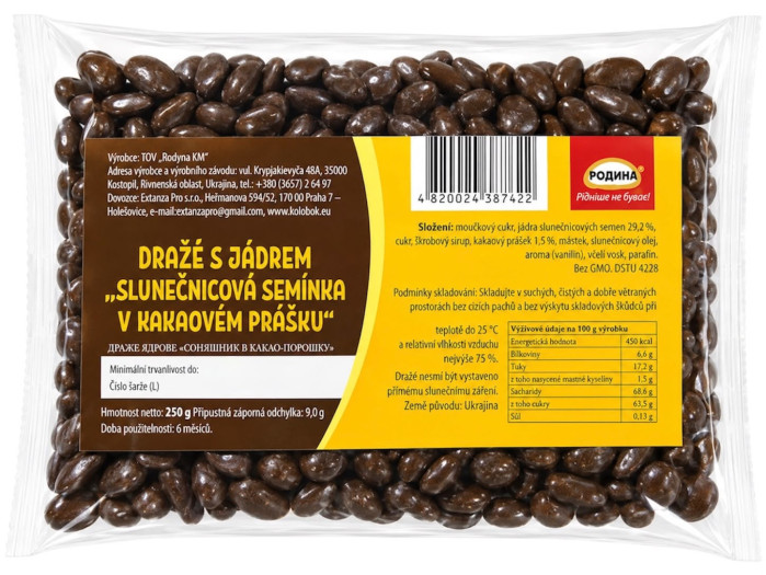 detail Dražé s jadrom „Slnečnicové semienka v kakaovom prášku“ 250g Rodyna