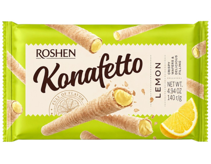 detail Oplatkové trubičky plnené krémom s citrónovou príchuťou 140g Konaffeto
