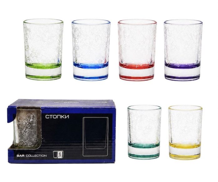 detail Sada skleniček „Barová kolekce“ s barevným dnem a gravírováním 6×50ml Decostek