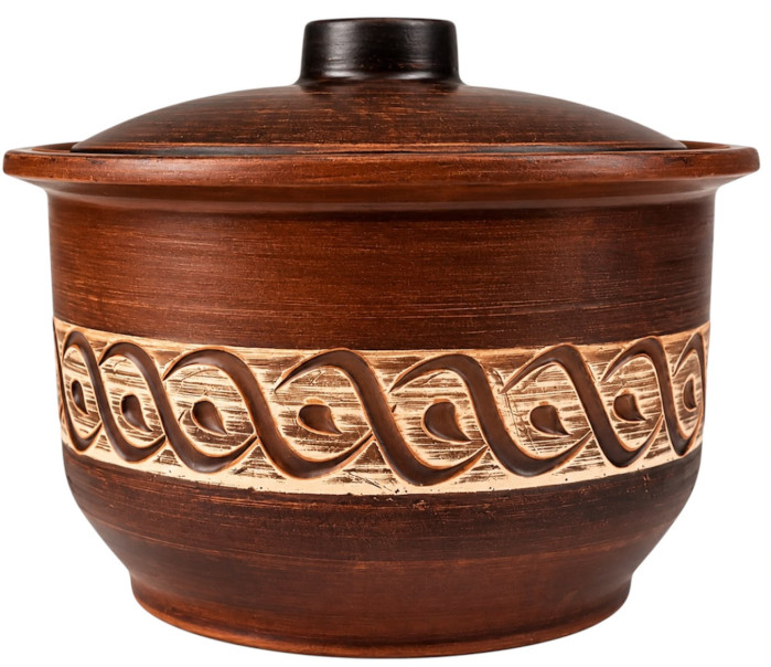detail Keramický hrnec červená hlína 3L bílý ornament