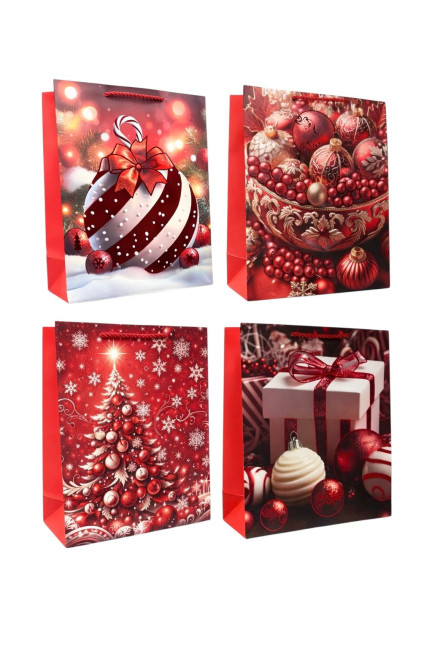 detail Darčeková taška „Stromček, vianočné gule, darček“ červená 26×32 cm