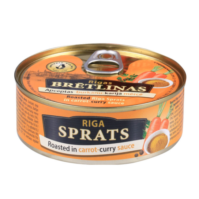 detail Šproty v mrkvovej omáčce s chutí kari 240G Brivais Vilnis
