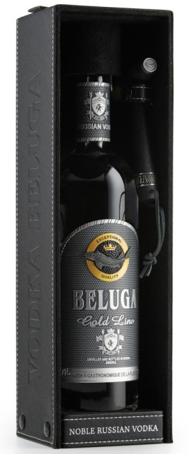 detail Vodka Beluga Gold Line 40% 1L  v koženém boxe