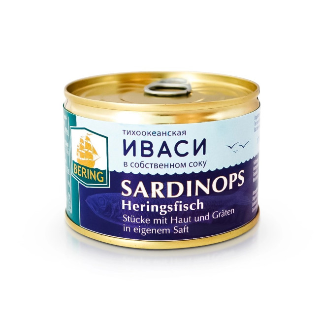 detail Sardinky Ivasi vo vlastnej šťave Bering 250 g (hmotnosť výrobku: 180 g)