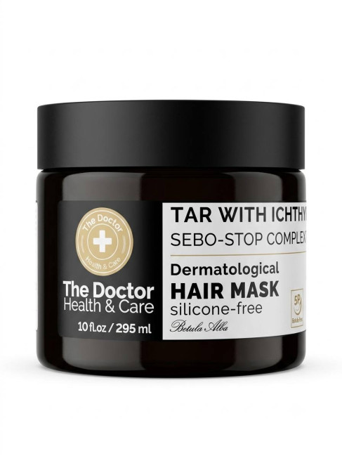 detail Dermatologická dechtová maska na vlasy S DECHTOM A ICHTYOLOM + KOMPLEX SEBO-STOP, 295 ml The Doctor