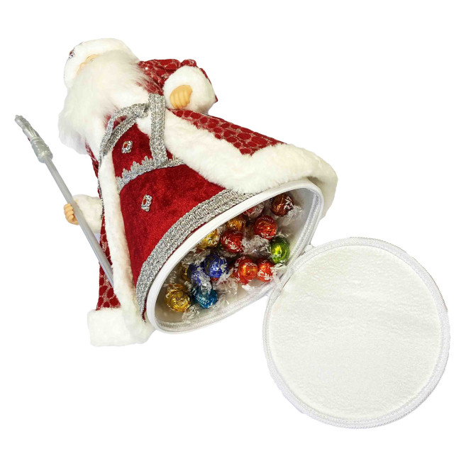 detail Figúrka Deda Mráza v červeno-bielej so striebrom, s oddelením na sladkosti a darčeky, 50 cm