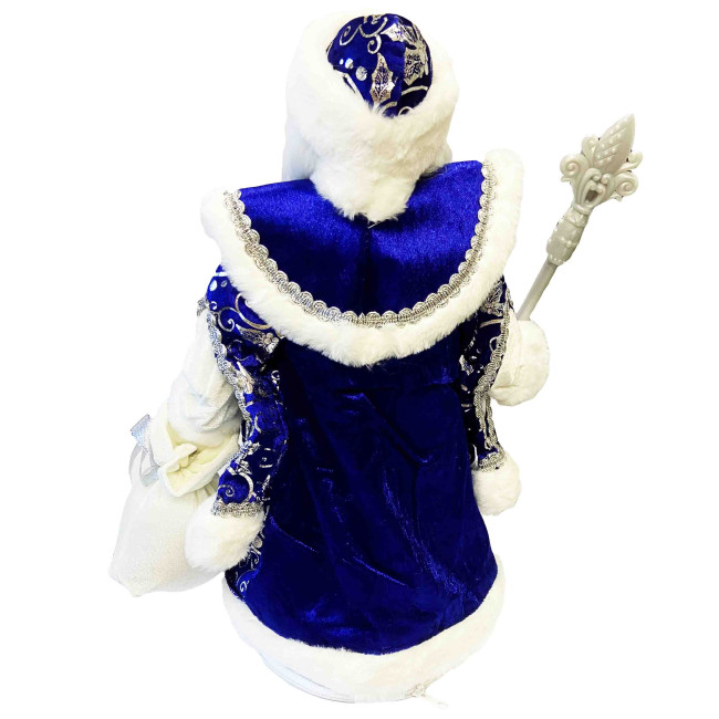 detail Figúrka Deda Mráza v modro-bielej so striebrom, s oddelením na sladkosti a darčeky, 50 cm