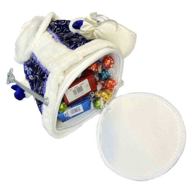 detail Figúrka Deda Mráza v modro-bielej so striebrom, s oddelením na sladkosti a darčeky, 50 cm