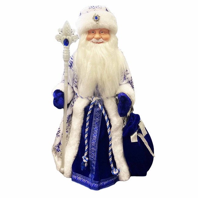 detail Figúrka Deda Mráza v modro-bielej so striebrom, s oddelením na sladkosti a darčeky, 40 cm