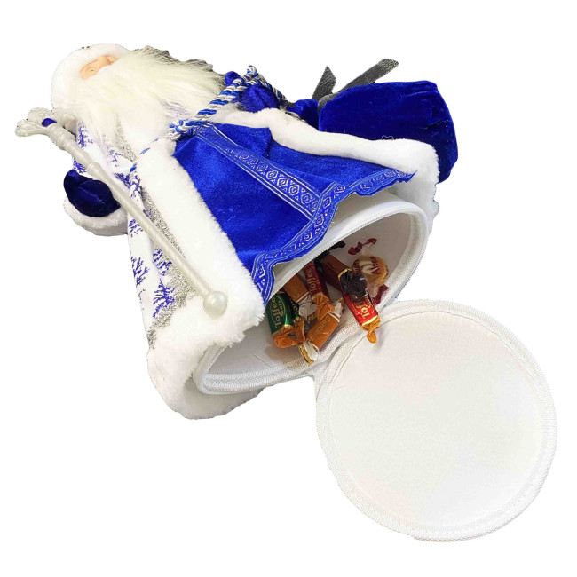 detail Figúrka Deda Mráza v modro-bielej so striebrom, s oddelením na sladkosti a darčeky, 40 cm