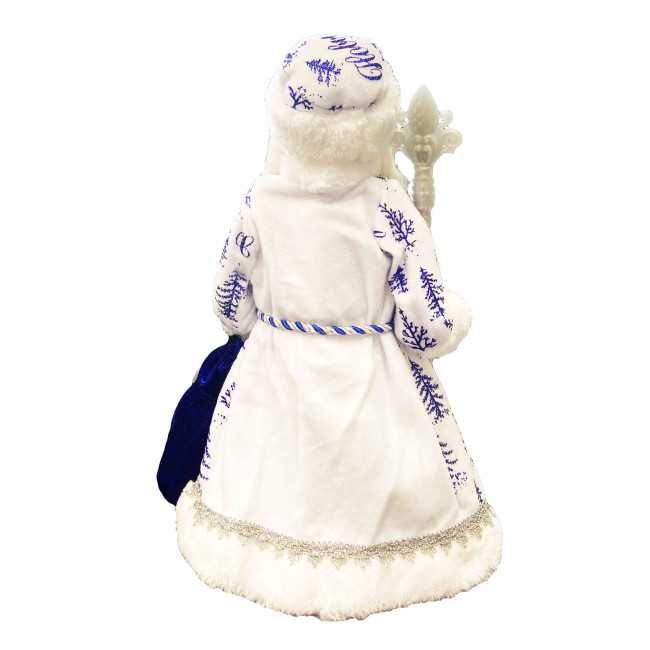 detail Figúrka Deda Mráza v modro-bielej so striebrom, s oddelením na sladkosti a darčeky, 40 cm