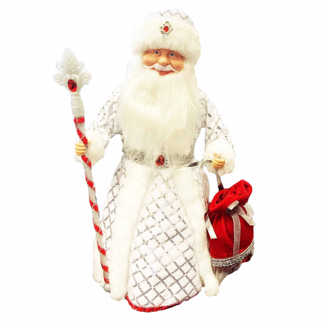 detail Figúrka Deda Mráza v bielej so striebrom a červenou kabelkou, s oddelením na sladkosti a darčeky, 40 cm