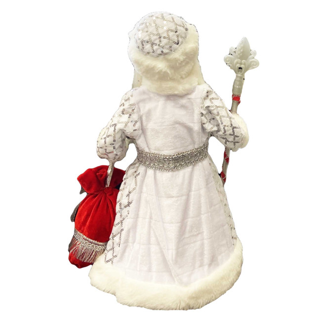 detail Figúrka Deda Mráza v bielej so striebrom a červenou kabelkou, s oddelením na sladkosti a darčeky, 40 cm