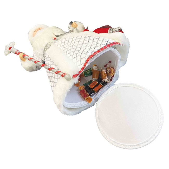 detail Figúrka Deda Mráza v bielej so striebrom a červenou kabelkou, s oddelením na sladkosti a darčeky, 40 cm