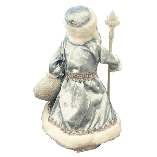 detail Figúrka Deda Mráza v svetlo modro-bielej so striebrom, s oddelením na sladkosti a darčeky, 40 cm