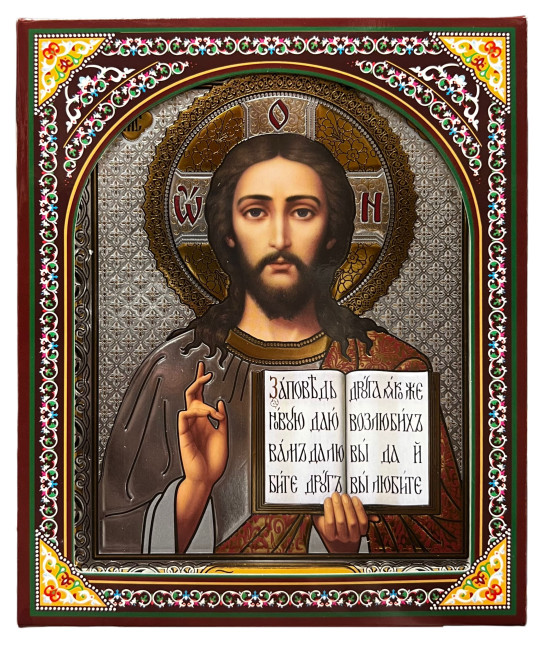 detail Ikona drevená Spasiteľ 15×18 cm v puzdre (strieborné pozadie)