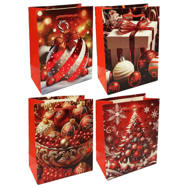 detail Darčeková taška „Stromček, vianočné gule, darček“, červená, 23×18cm