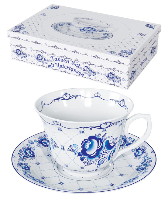 detail Čajový set Gžel 6 šálok + 6 tanierikov